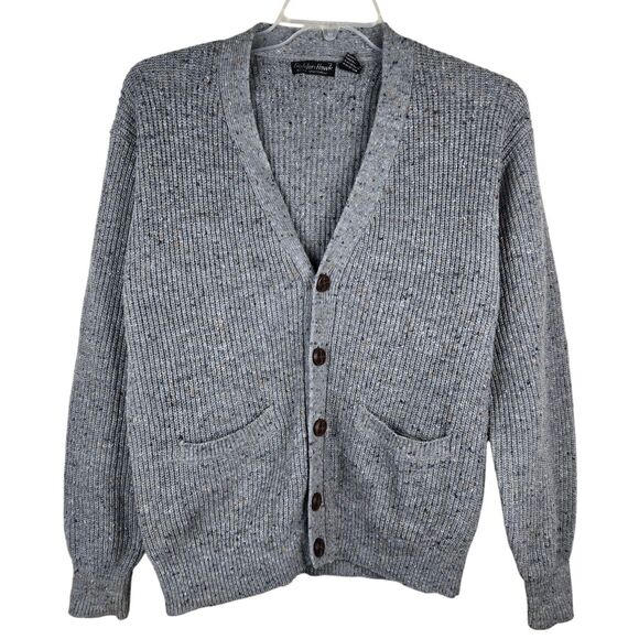 Vtg Golden Hawk Men's Sz L Cardigan Sweater Speckled Gray Wool Blend V-Neck - Picture 1 of 4